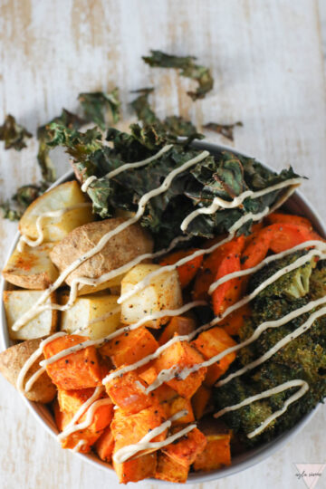 overhead picture of a sweet potato buddha bowl