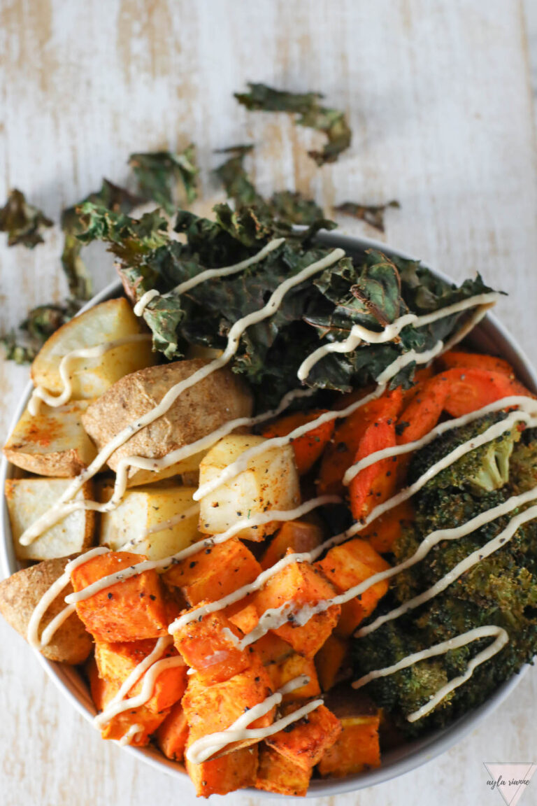 overhead picture of a sweet potato buddha bowl