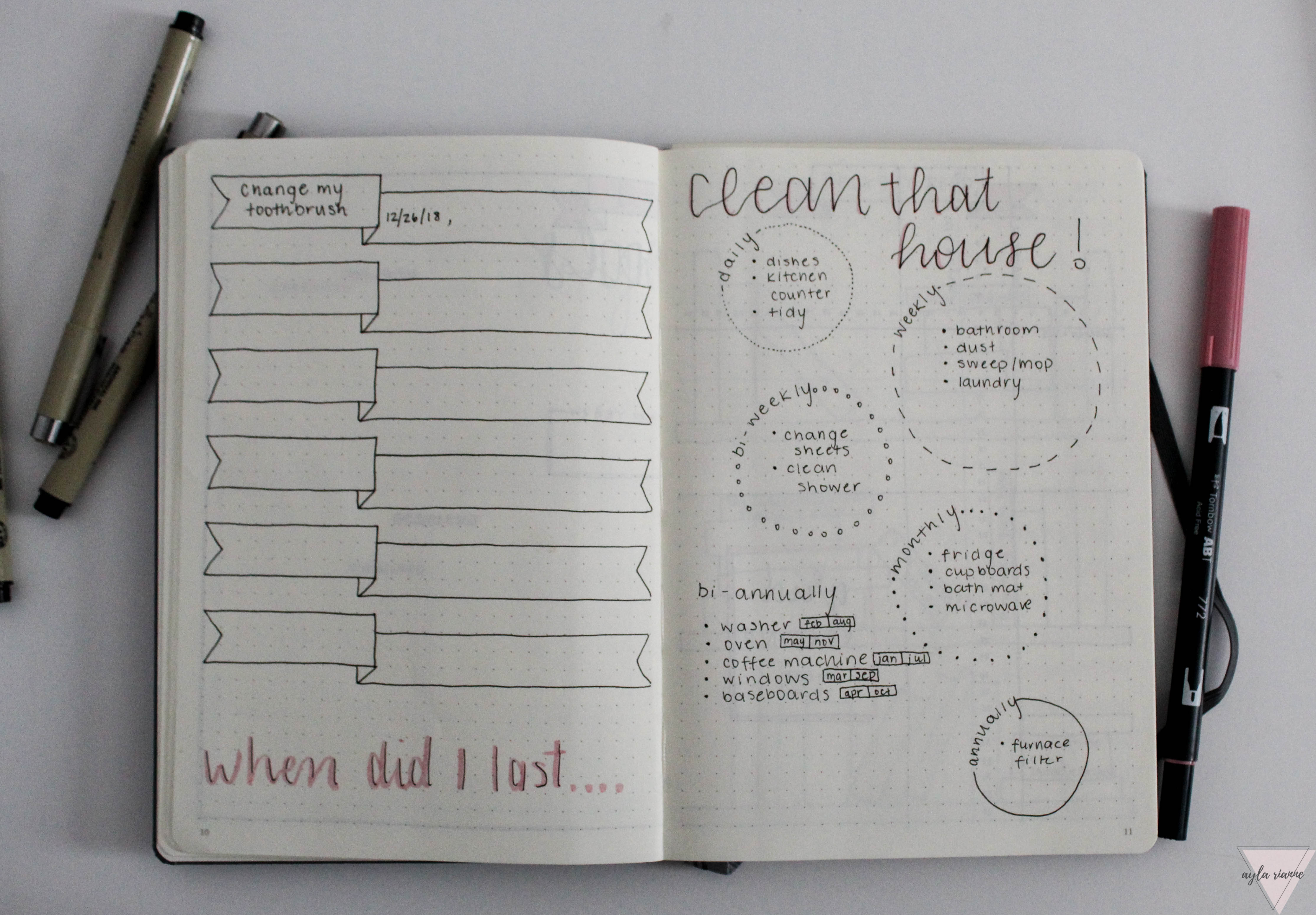 When Did I Last... and a Clean That House Bullet Journal Spread #aylarianne #bulletjournal #whendidIlast #cleanthathouse