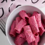 pink beet pasta in a bowl