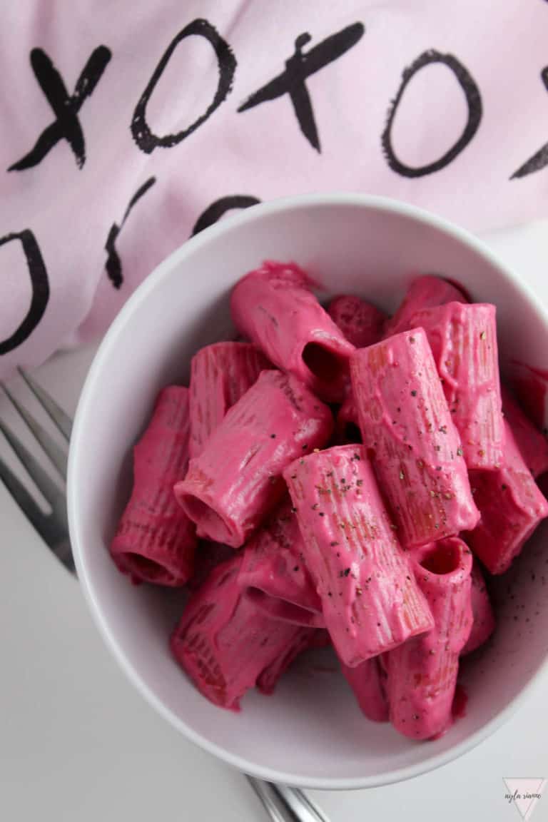 pink beet pasta in a bowl