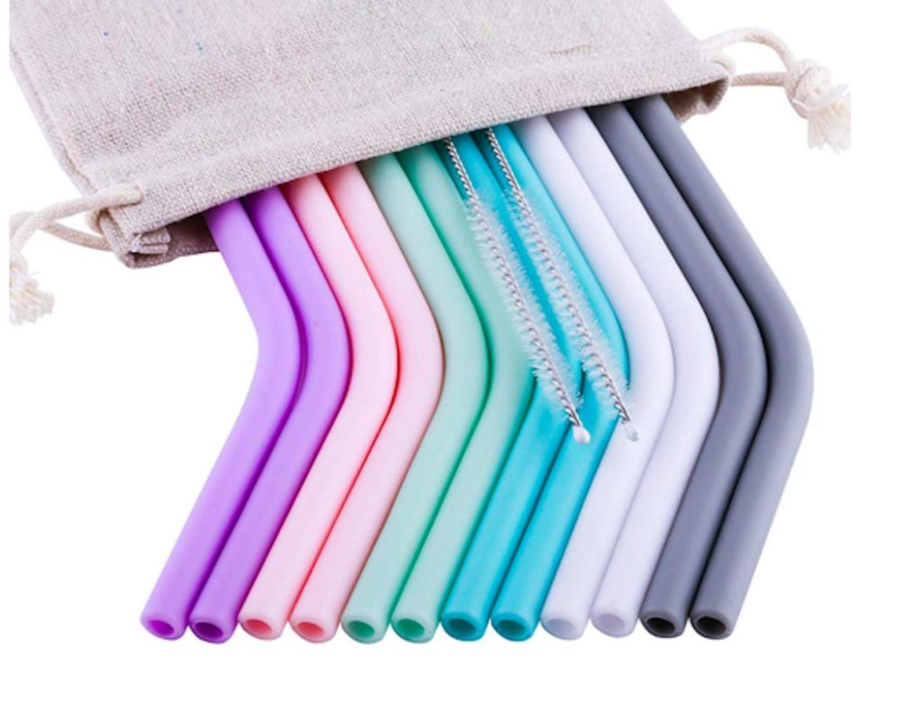 Reusable silicone straws with a carrying bag and cleaning brush