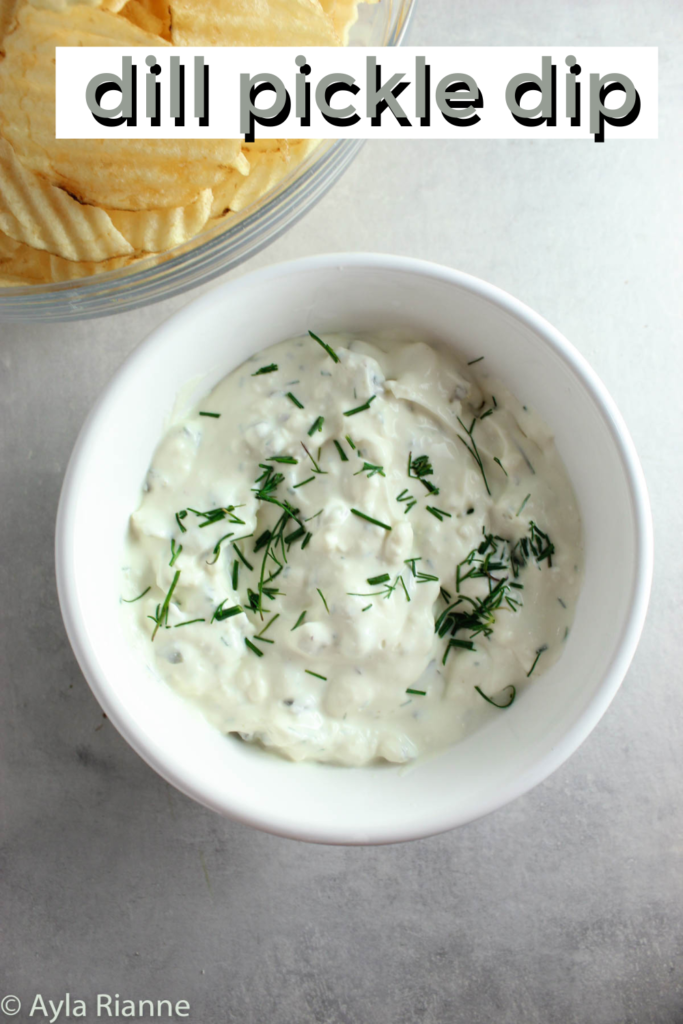 pinterest image of dill pickle dip with a label