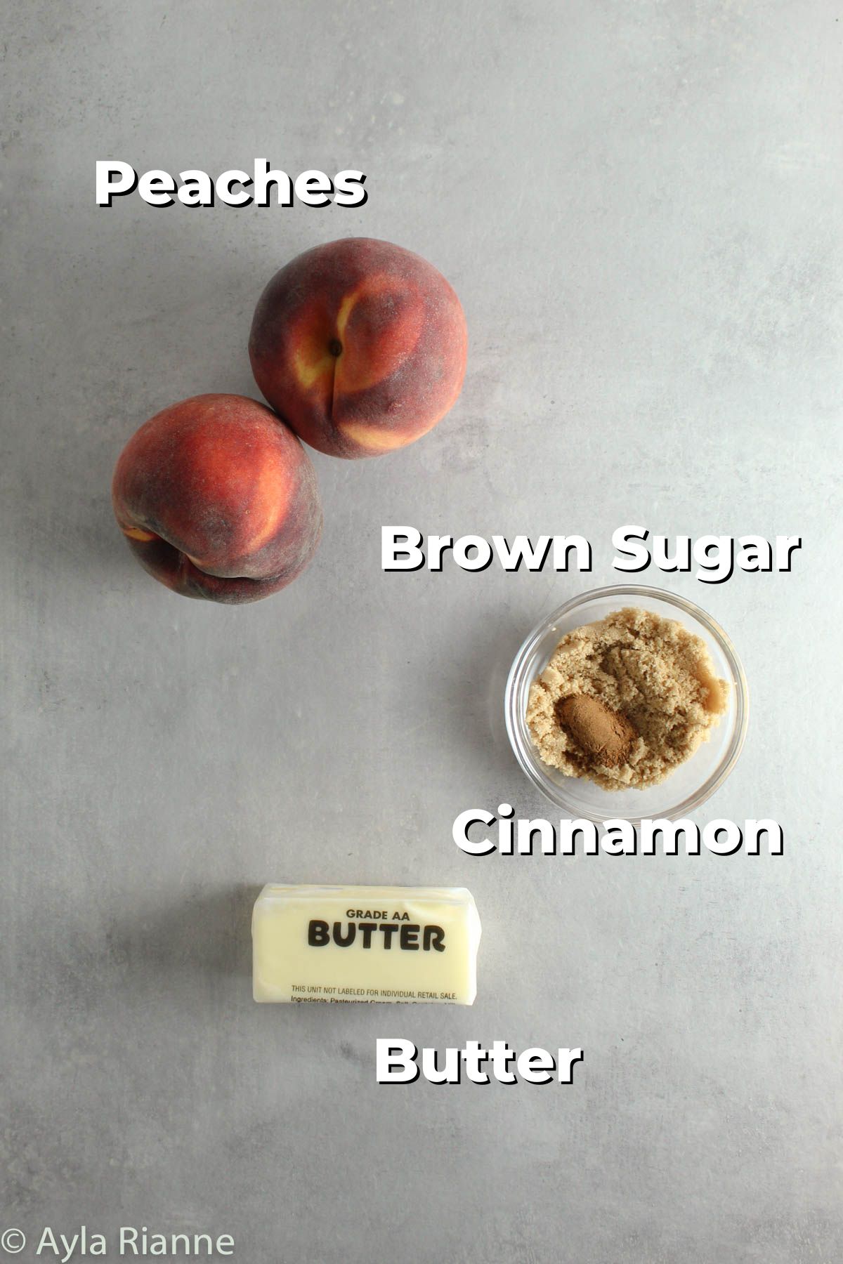 ingredients for baked peaches including peaches, brown sugar, cinnamon, and butter
