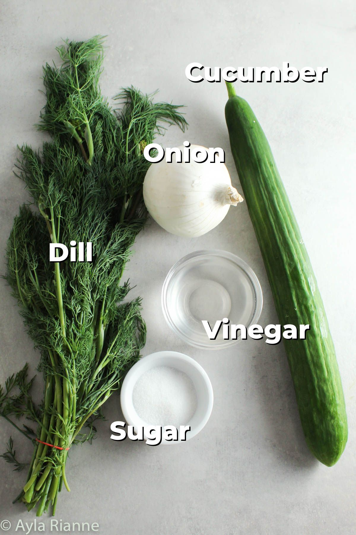 ingredients for cucumber dill salad including dill, onion, vinegar, sugar, and a cucumber
