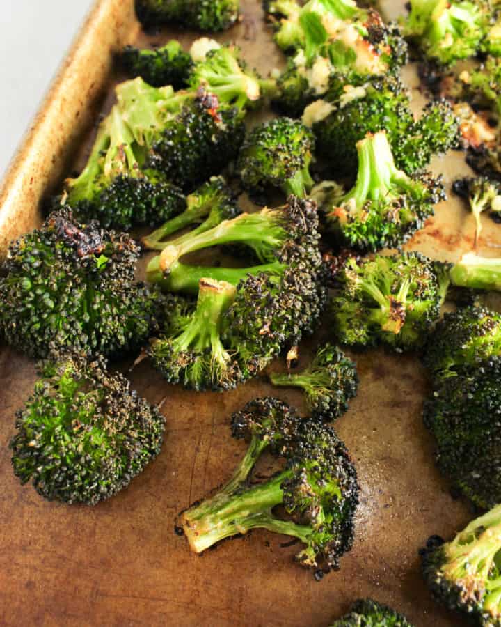 roasted broccoli on a baking pan