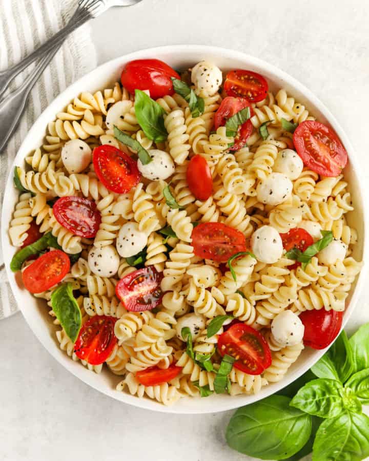 top view of Caprese Pasta Salad