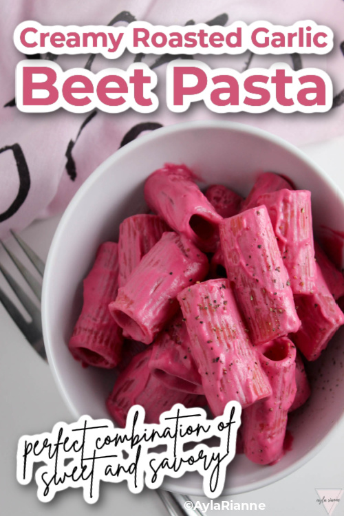 bowl of beet pasta with text over it