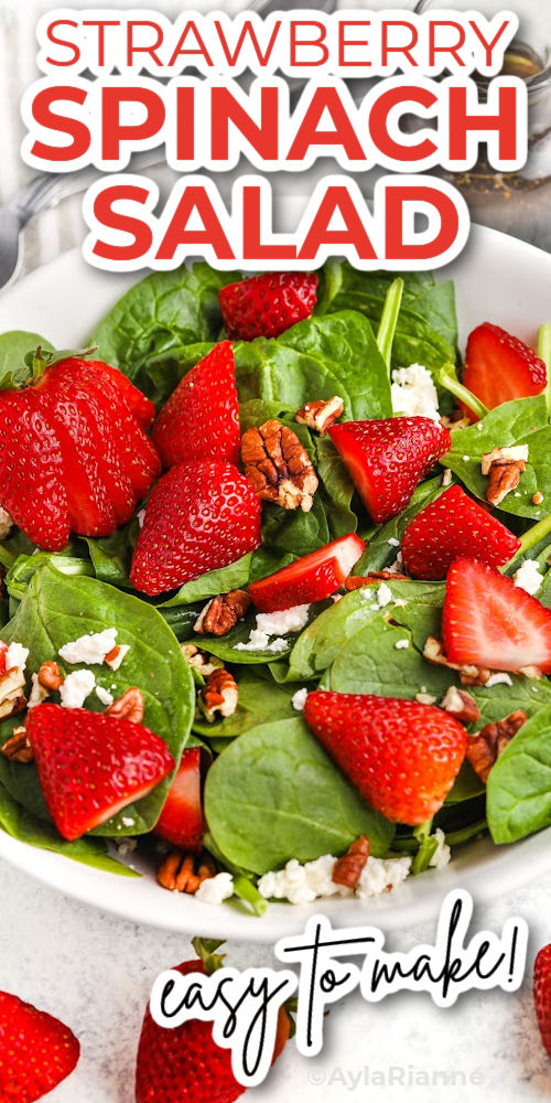 plated Strawberry Spinach Salad Recipe with writing