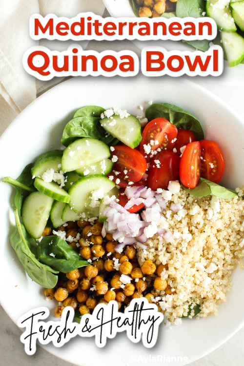 mediterranean quinoa bowl with text over it