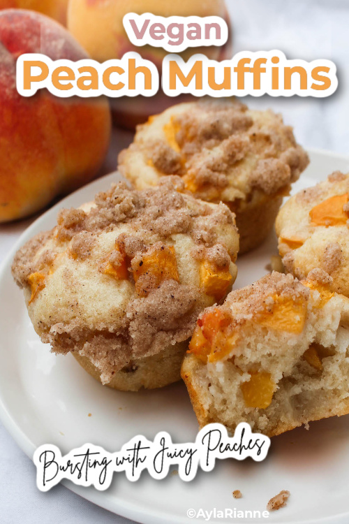peach muffins on a plate with text over it
