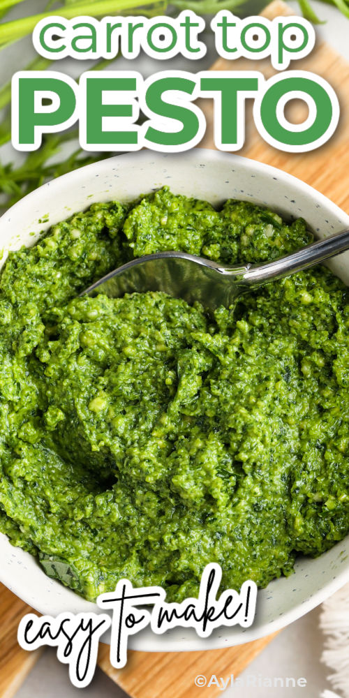 close up of Carrot Top Pesto with writing