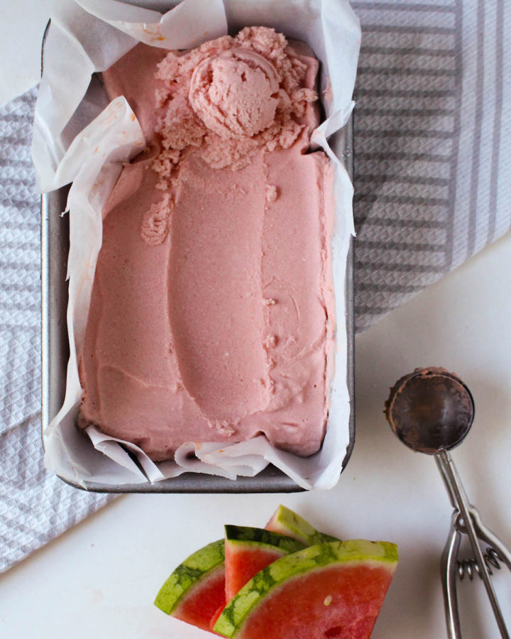 watermelon sorbet in a pan