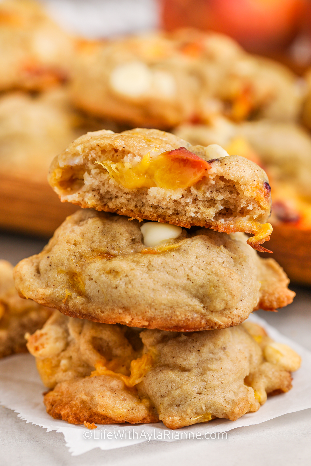 Peach Cobbler Cookies with a bite taken out of one