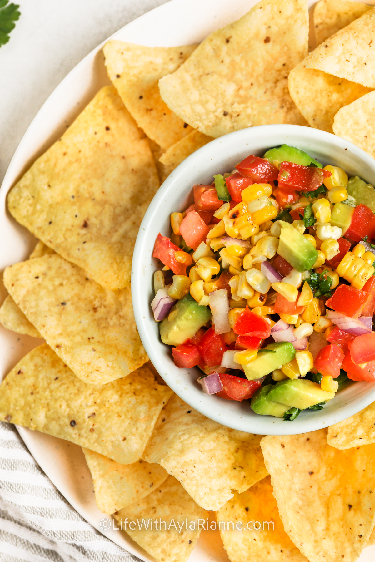 plated Roasted Corn Salsa with tortillas