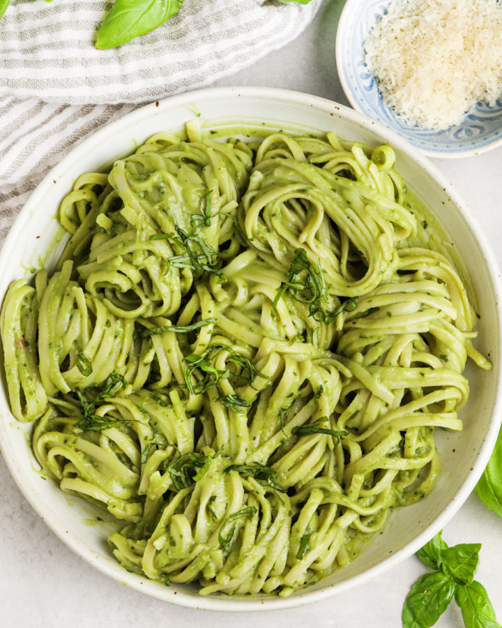 a bowl of avocado pasta
