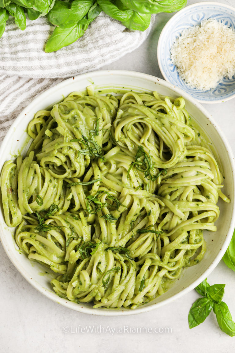 a bowl of avocado pasta