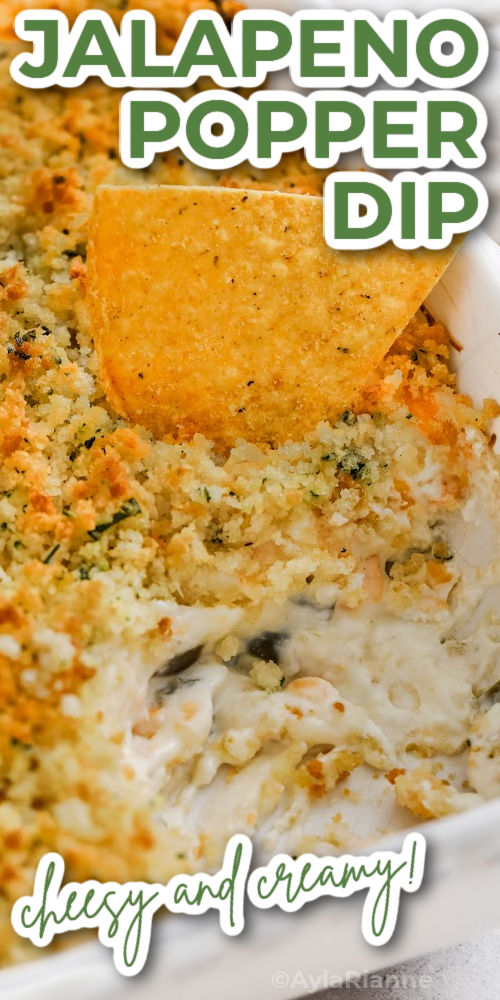 close up of Jalapeno Popper Dip with writing