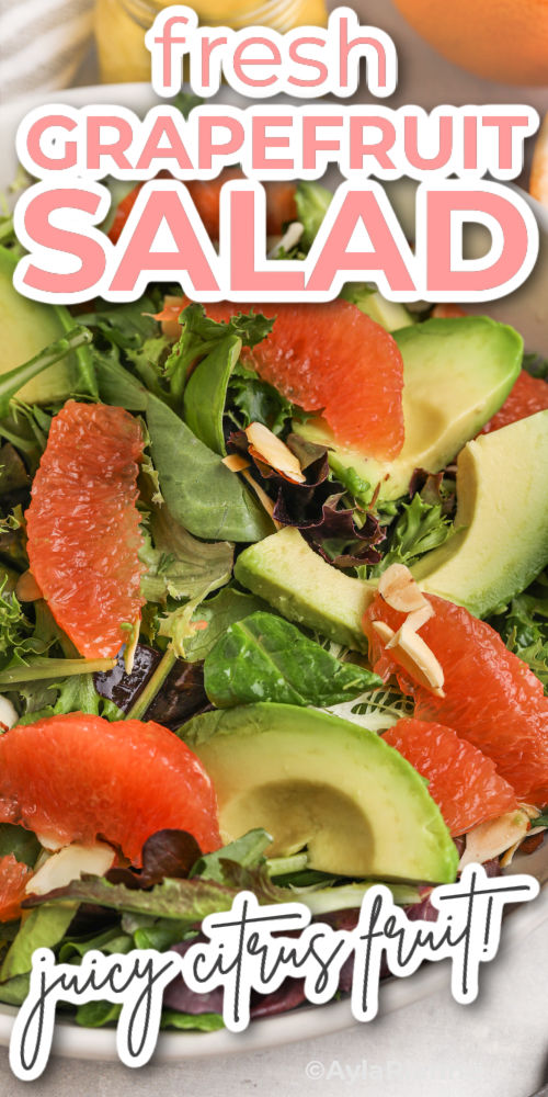 close up of Grapefruit Salad with avocado with writing