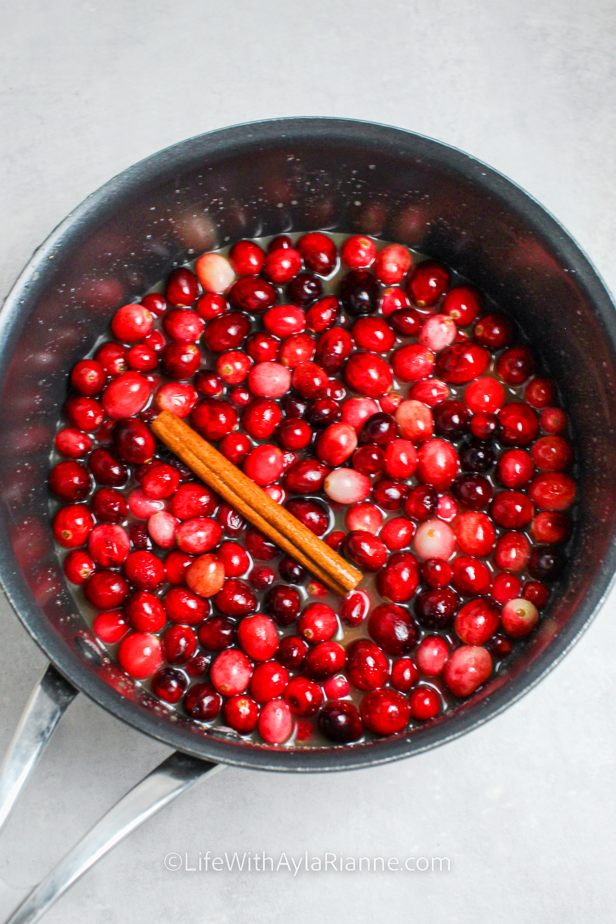 cranberries and cinnamon in a pot for cranberry sauce with orange juice