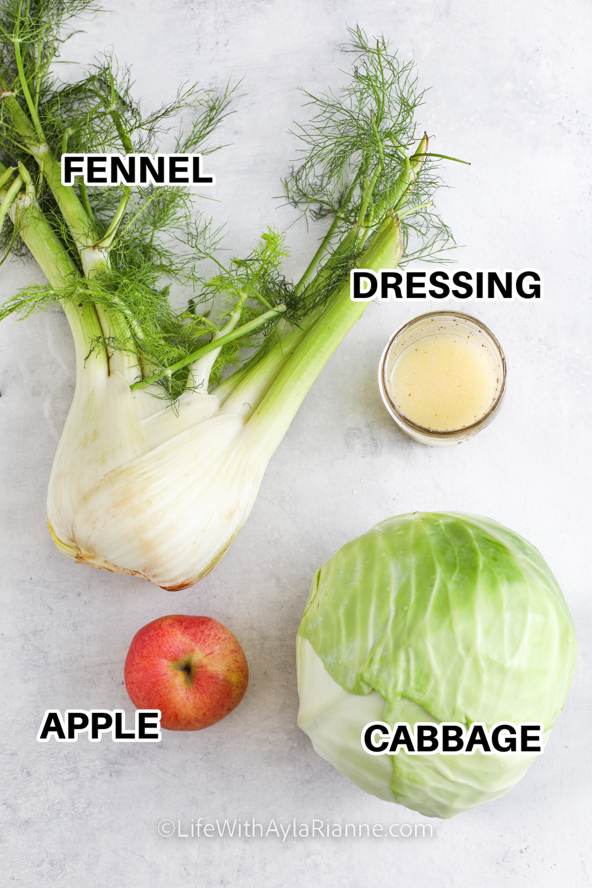 ingredients for Apple Fennel Slaw including fennel, cabbage, dressing, and apple
