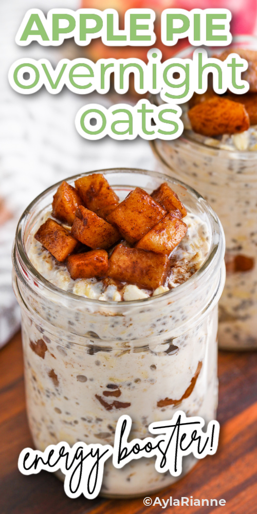a jar of apple pie overnight oats with a title