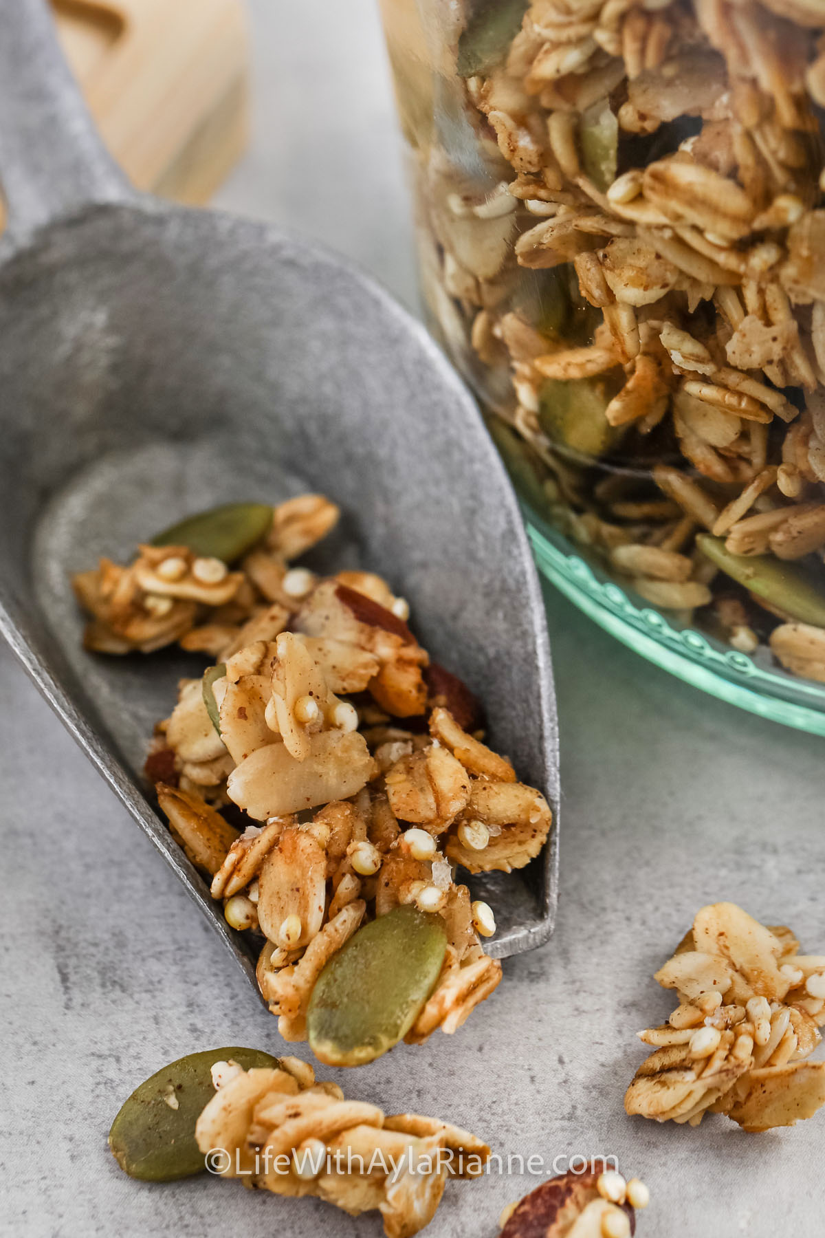 up close of granola in a scoop