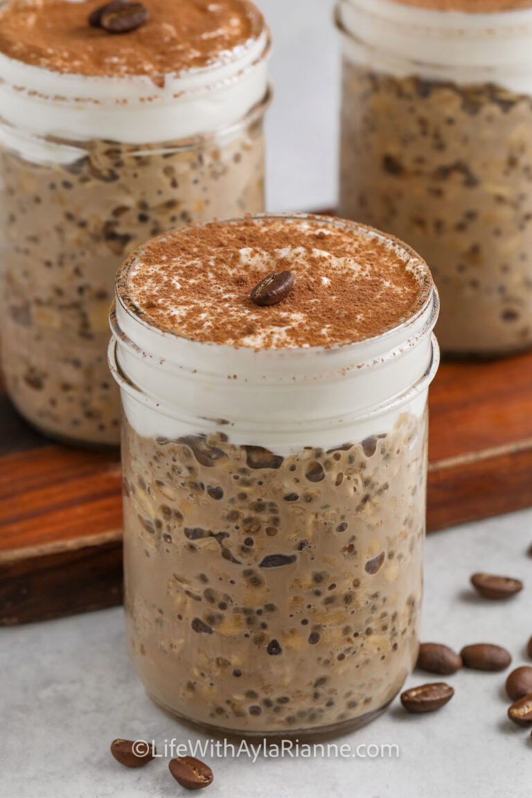 jars of Tiramisu Overnight Oats with coffee bean on top