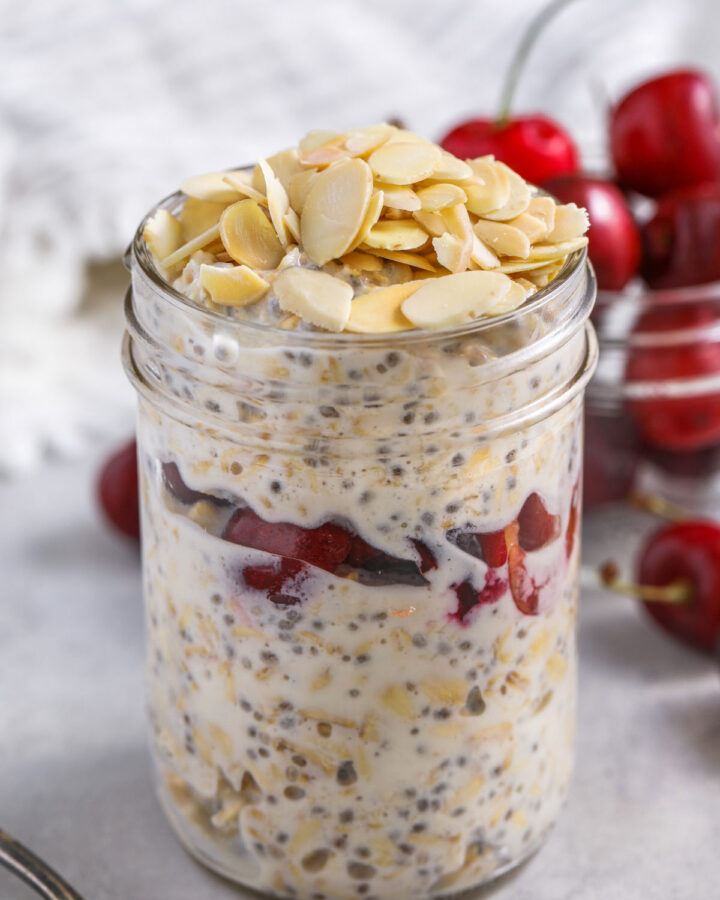 Cherry Overnight Oats in a mason jar