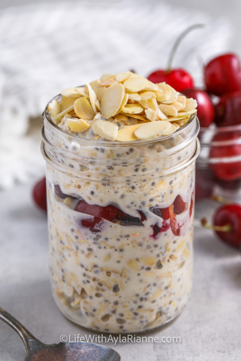 Cherry Overnight Oats in a mason jar
