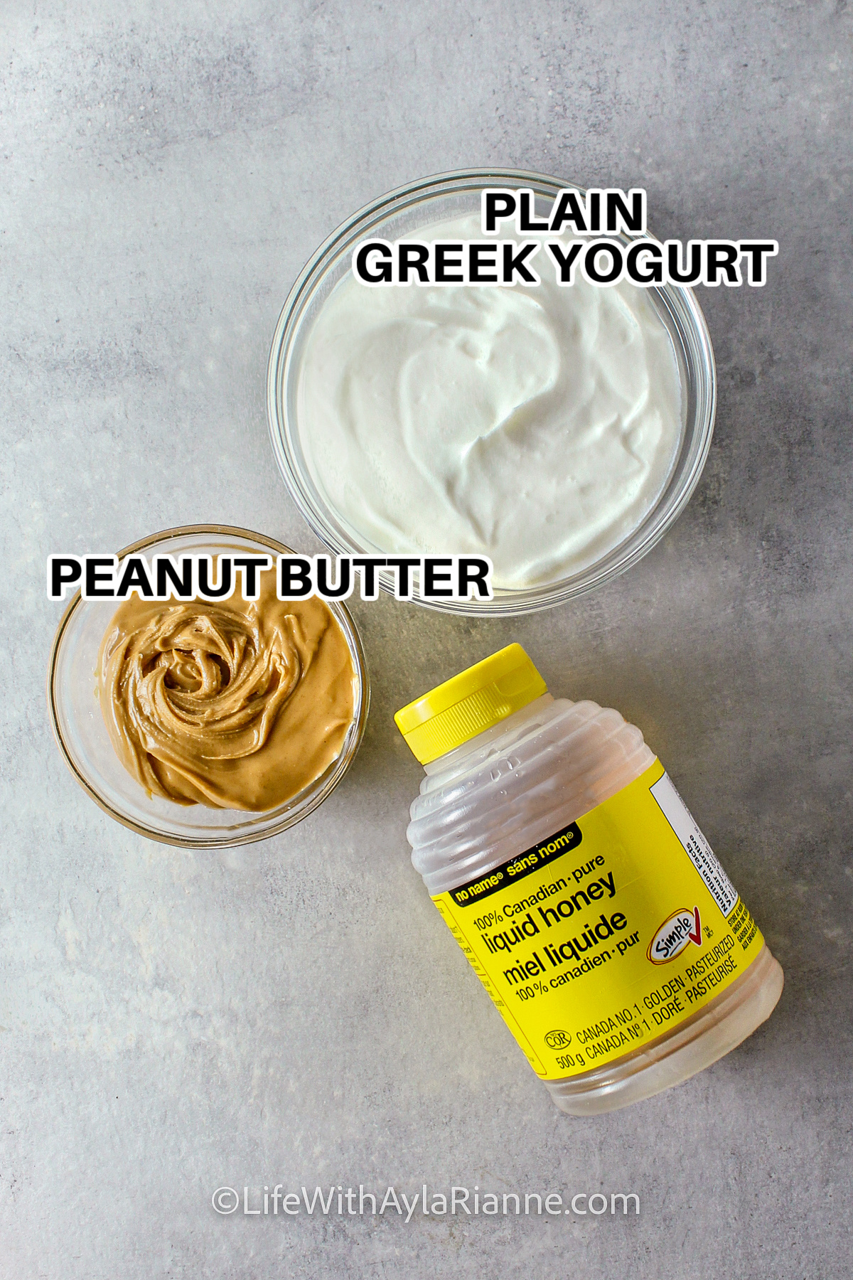 ingredients for peanut butter dip with writing