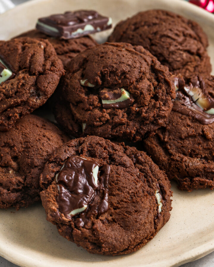soft and chewy Chocolate Andes Mint Cookies on a plate