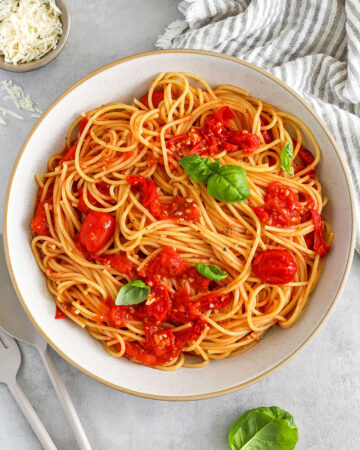 plated Cherry Tomato Pasta with basil