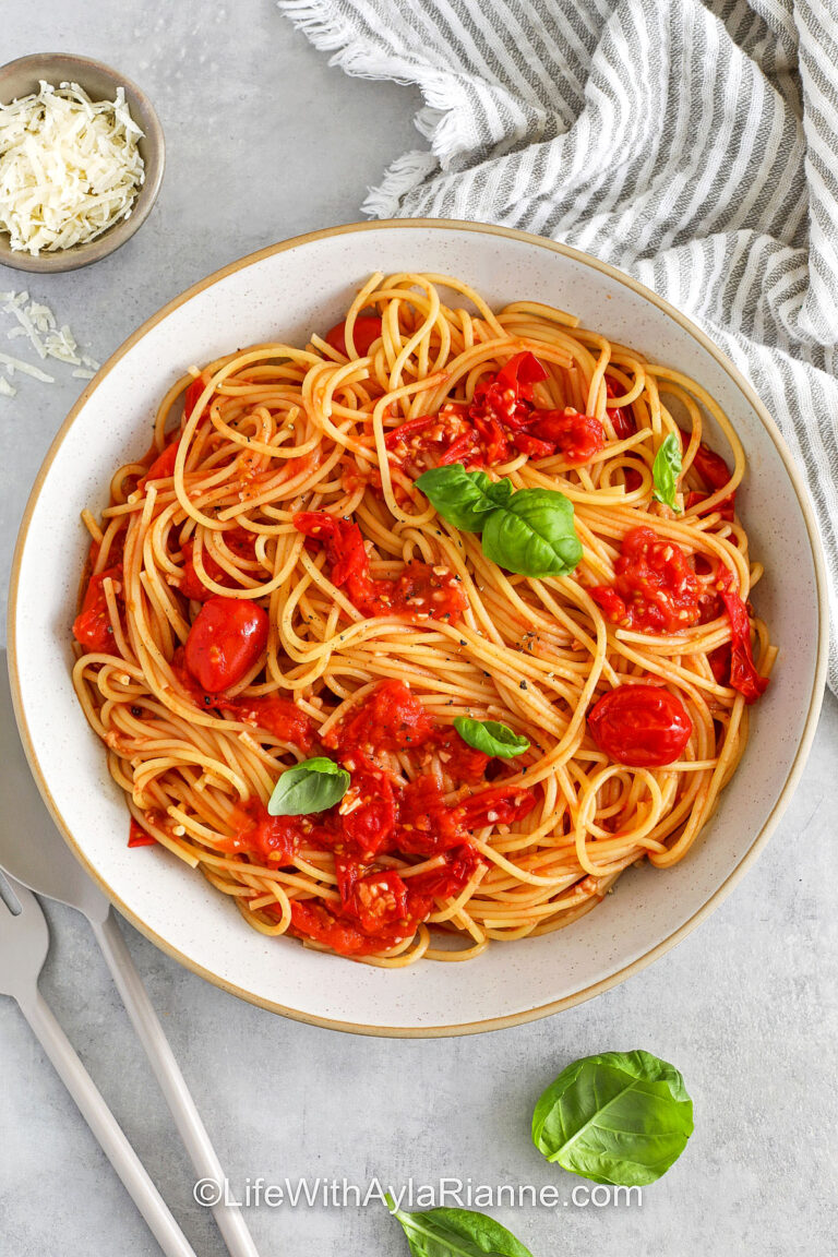 plated Cherry Tomato Pasta with basil