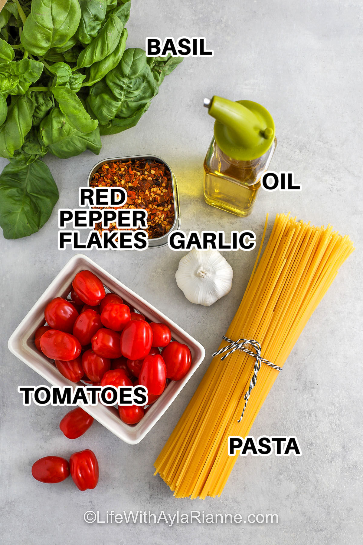 pasta , tomatoes , garlic , red pepper flakes , oil , and basil with labels to make Cherry Tomato Pasta