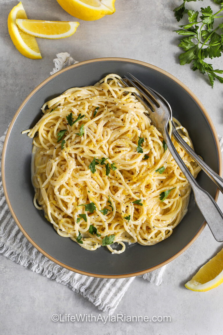 plated Lemon Parmesan Pasta with a fork and spoon