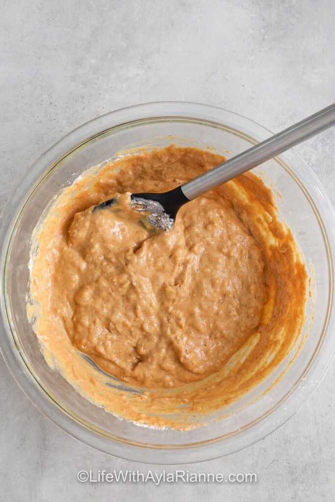 ingredients in a bowl to make Fluffy Pumpkin Pancakes