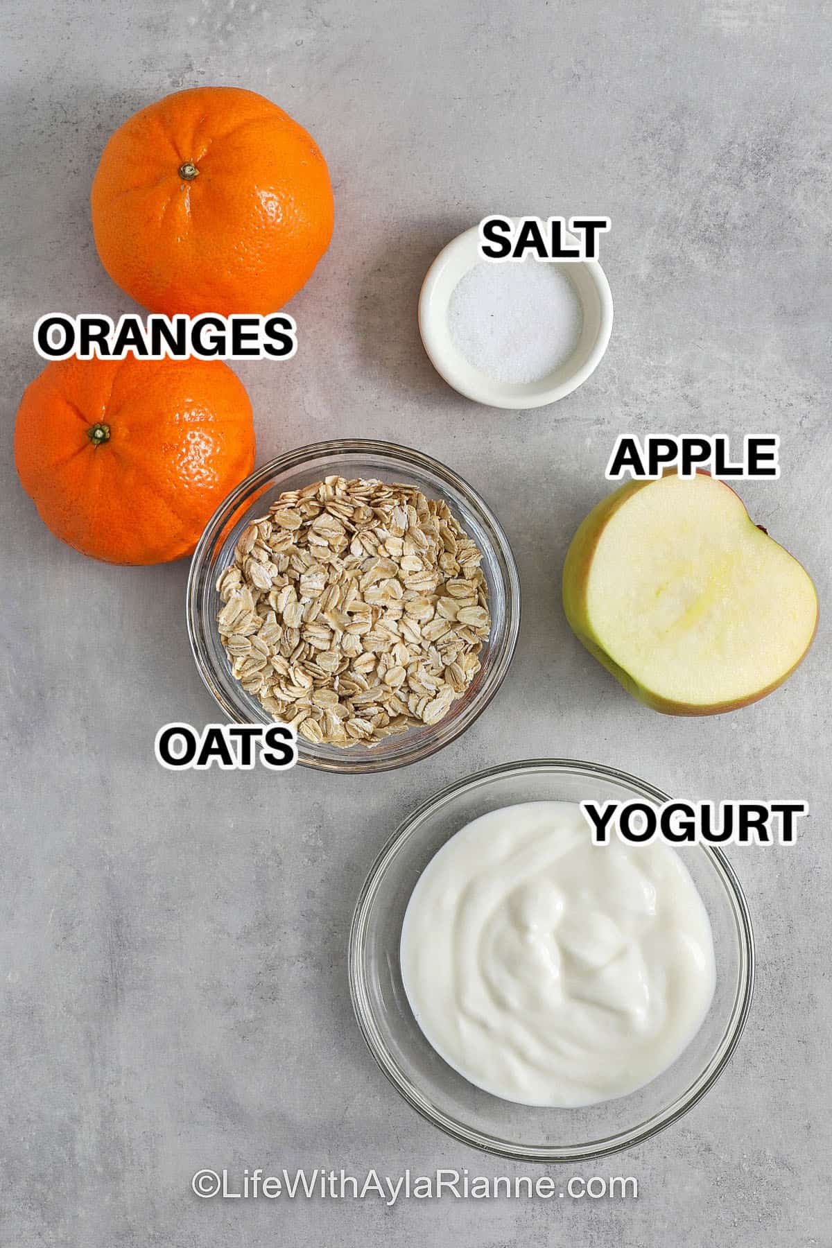 oranges , salt , oats , apple , yogurt with labels to make Princess Diana Oats