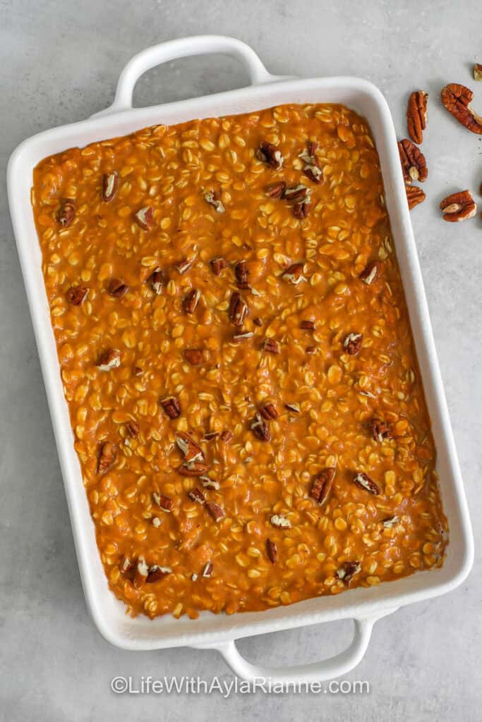 Pumpkin Pie Baked Oatmeal in a casserole dish before baking