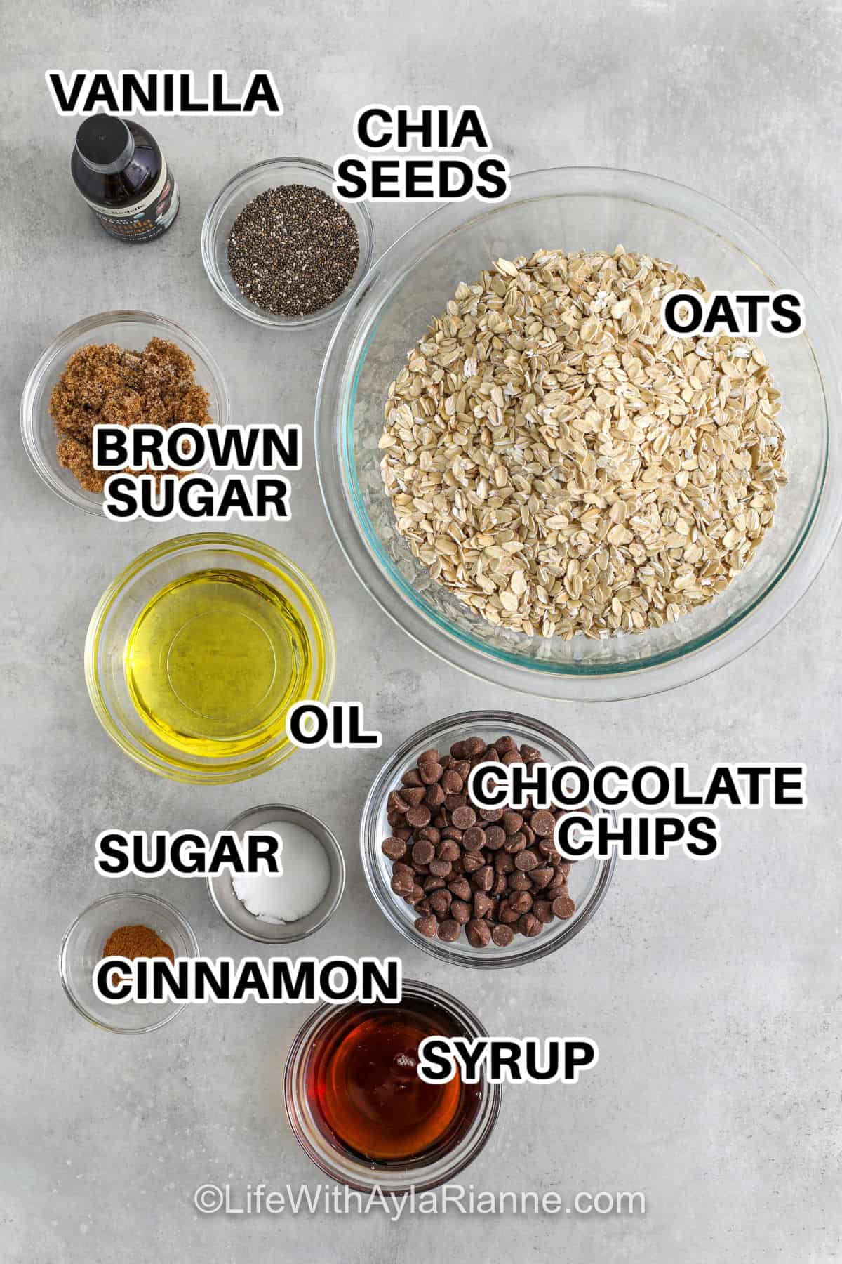 vanilla , chia seeds , brown sugar , oats , oil chocolate chips , sugar , cinnamon , syrup with labels to make Chocolate Chip Cookie Granola